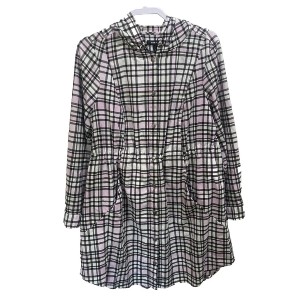 Torrid Size 1XL Pink Plaid Flannel Hooded Anorak Longline Lightweight‎ Jacket